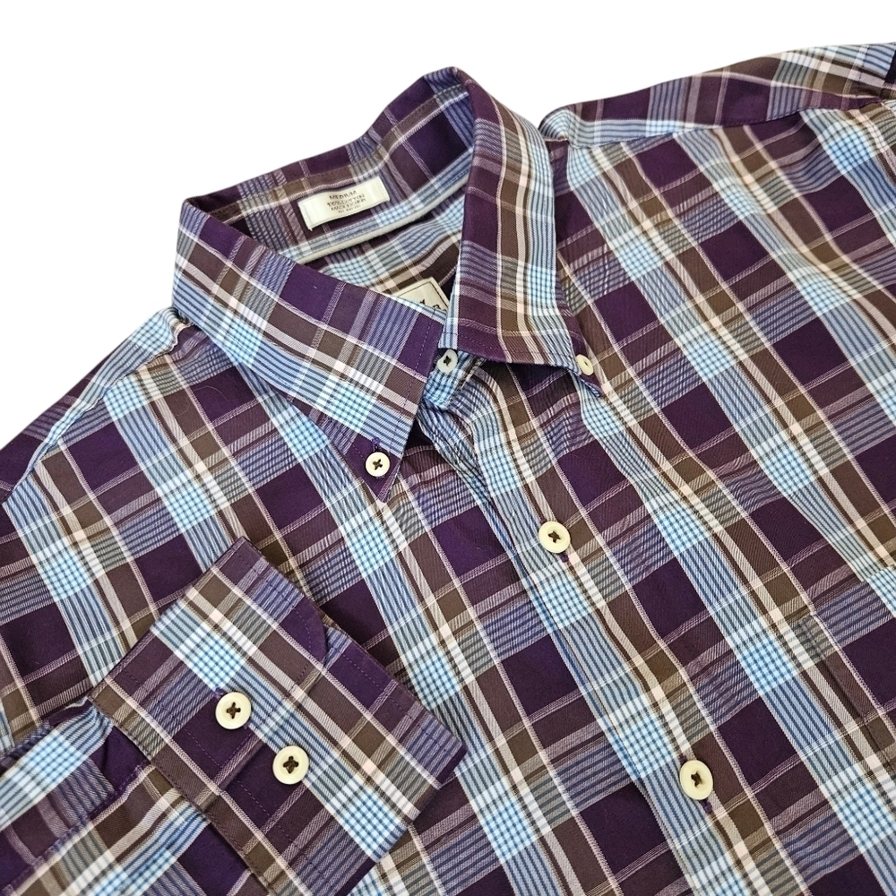 Peter Millar Mens Large Purple Plaid Cotton L/S Button Down Shirt EUC Sz Medium